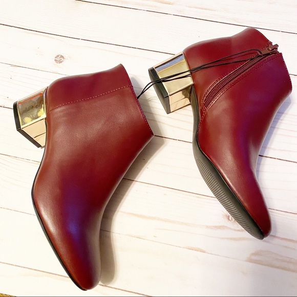MARC New York Deep Red Booties Gold Block Heel 6 - Picture 7 of 8